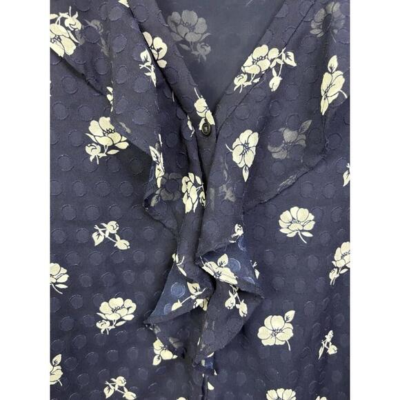 Ann Taylor Top Womens Large Ruffle V Neck Button Up Sheer Sleeve Navy Floral - Picture 8 of 11